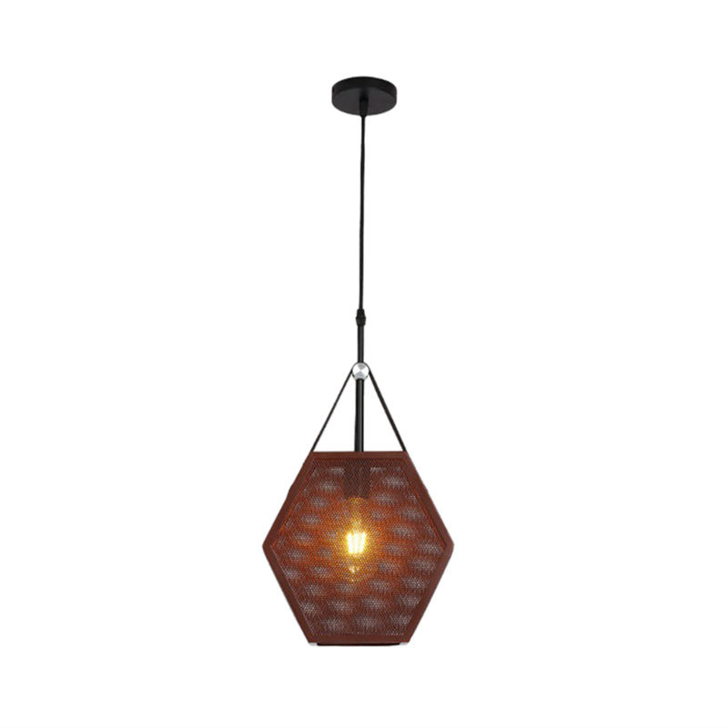 1 Head Pendant Lighting Vintage Pentagon Mesh Screen Metal Hanging Ceiling Lamp in Brown, 8"/10" Wide Brown 10" Clearhalo 'Art Deco Pendants' 'Cast Iron' 'Ceiling Lights' 'Ceramic' 'Crystal' 'Industrial Pendants' 'Industrial' 'Metal' 'Middle Century Pendants' 'Pendant Lights' 'Pendants' 'Tiffany' Lighting' 1604650