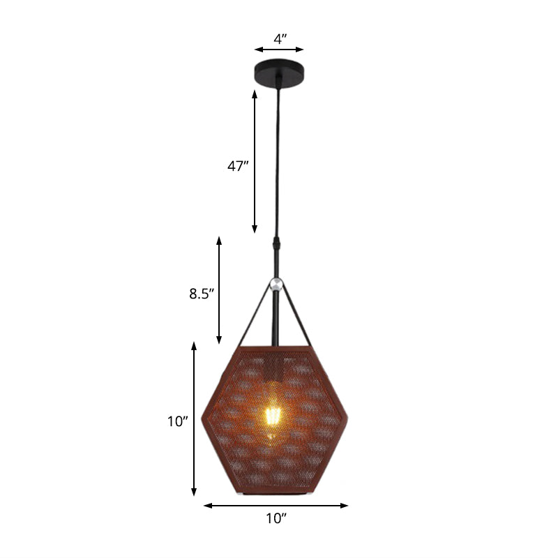 1 Head Pendant Lighting Vintage Pentagon Mesh Screen Metal Hanging Ceiling Lamp in Brown, 8"/10" Wide Clearhalo 'Art Deco Pendants' 'Cast Iron' 'Ceiling Lights' 'Ceramic' 'Crystal' 'Industrial Pendants' 'Industrial' 'Metal' 'Middle Century Pendants' 'Pendant Lights' 'Pendants' 'Tiffany' Lighting' 1604651