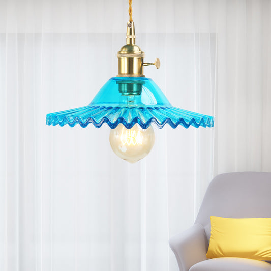 1 Light Hanging Lighting Industrial Scalloped Shade Blue Prismatic Glass Pendant Lamp Fixture Blue Clearhalo 'Ceiling Lights' 'Glass shade' 'Glass' 'Industrial Pendants' 'Industrial' 'Middle Century Pendants' 'Pendant Lights' 'Pendants' 'Tiffany' Lighting' 1604727