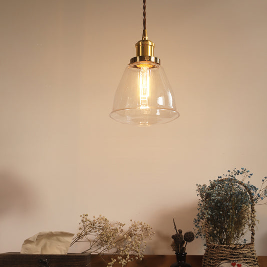 Brass 1 Bulb Pendant Lighting Fixture Vintage Clear Glass Cone Hanging Ceiling Lamp Clearhalo 'Ceiling Lights' 'Glass shade' 'Glass' 'Industrial Pendants' 'Industrial' 'Middle Century Pendants' 'Pendant Lights' 'Pendants' 'Tiffany' Lighting' 1604744