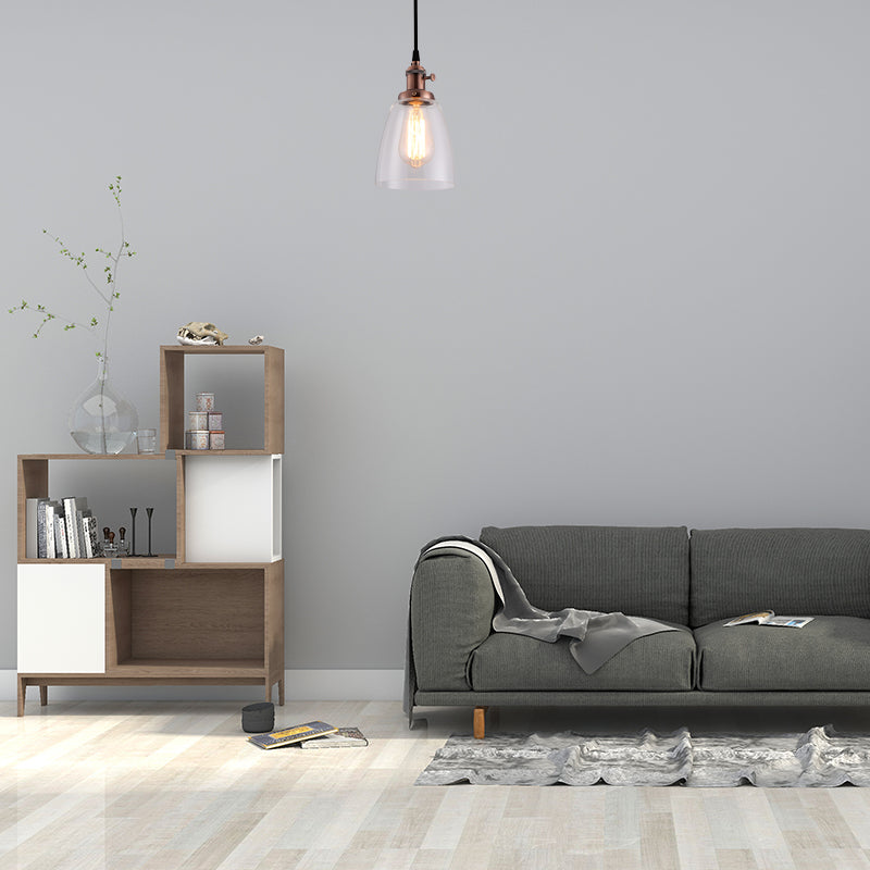 Bell Clear Glass Hanging Light Kit Industrial 1 Bulb Living Room Pendant Lamp with Bronze/Brass/Copper Top Clearhalo 'Ceiling Lights' 'Glass shade' 'Glass' 'Industrial Pendants' 'Industrial' 'Middle Century Pendants' 'Pendant Lights' 'Pendants' 'Tiffany' Lighting' 1604762