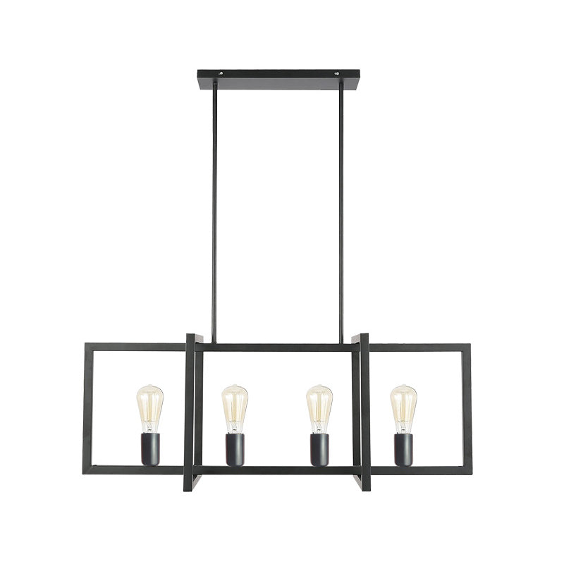 Black 4 Heads Island Pendant Industrial Metal Rectangle Hanging Ceiling Light for Living Room Clearhalo 'Ceiling Lights' 'Island Lights' Lighting' 1604795