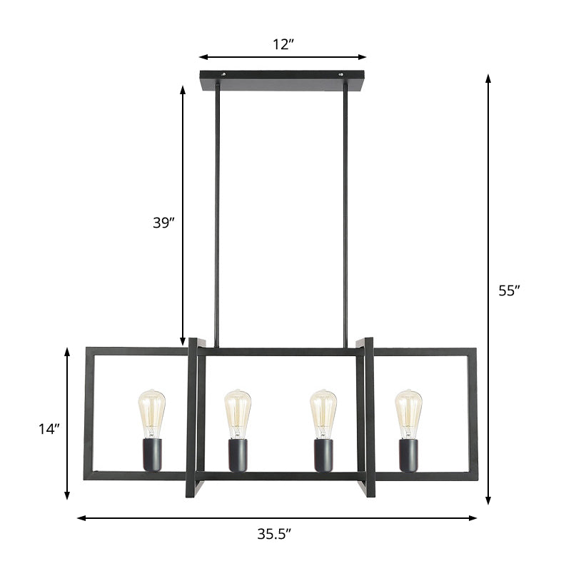 Black 4 Heads Island Pendant Industrial Metal Rectangle Hanging Ceiling Light for Living Room Clearhalo 'Ceiling Lights' 'Island Lights' Lighting' 1604796