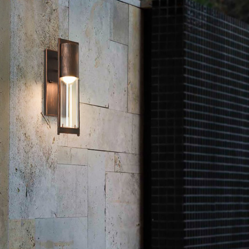 1 Light Metal Wall Sconce Lamp Modern Black/Rust Tube Outdoor Wall Mounted Light with Clear Glass Shade Rust Clearhalo 'Art deco wall lights' 'Cast Iron' 'Glass' 'Industrial wall lights' 'Industrial' 'Middle century wall lights' 'Modern' 'Rustic wall lights' 'Tiffany' 'Traditional wall lights' 'Wall Lamps & Sconces' 'Wall Lights' Lighting' 1604838
