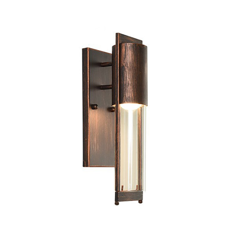 1 Light Metal Wall Sconce Lamp Modern Black/Rust Tube Outdoor Wall Mounted Light with Clear Glass Shade Clearhalo 'Art deco wall lights' 'Cast Iron' 'Glass' 'Industrial wall lights' 'Industrial' 'Middle century wall lights' 'Modern' 'Rustic wall lights' 'Tiffany' 'Traditional wall lights' 'Wall Lamps & Sconces' 'Wall Lights' Lighting' 1604844