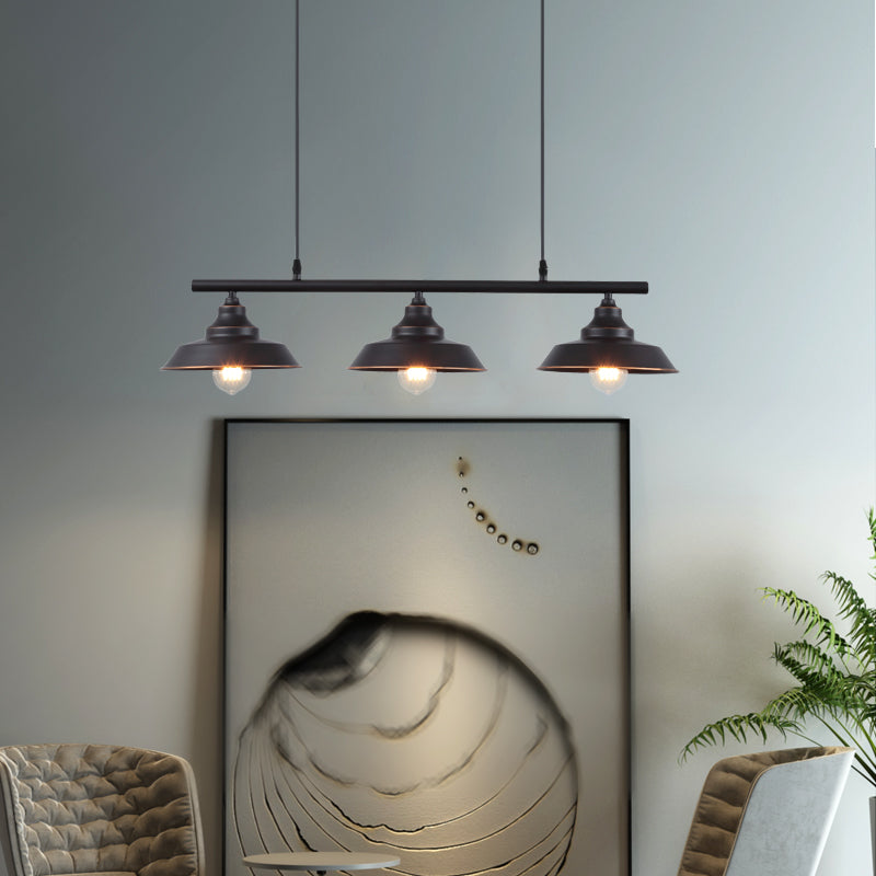 Barn Shade Dining Room Island Chandelier Industrial Metal 3 Bulbs Black Hanging Light Fixture Black Clearhalo 'Ceiling Lights' 'Island Lights' Lighting' 1604922