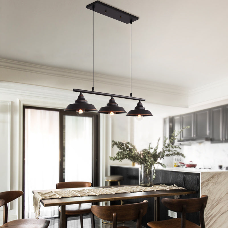 Barn Shade Dining Room Island Chandelier Industrial Metal 3 Bulbs Black Hanging Light Fixture Clearhalo 'Ceiling Lights' 'Island Lights' Lighting' 1604923