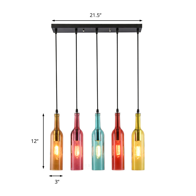 5 Heads Linear Pendant Light Fixture Vintage Style Black Finish Glass Suspension Light with Bottle Shade Clearhalo 'Ceiling Lights' 'Industrial Pendants' 'Industrial' 'Middle Century Pendants' 'Pendant Lights' 'Pendants' 'Tiffany' Lighting' 160500