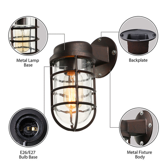 Clear Glass Black/White/Rust Sconce Light Cylinder 1-Light Traditional Wall Lamp Fixture for Porch with Caged - Clearhalo - 'Art deco wall lights' - 'Cast Iron' - 'Glass' - 'Industrial wall lights' - 'Industrial' - 'Middle century wall lights' - 'Modern' - 'Rustic wall lights' - 'Tiffany' - 'Traditional wall lights' - 'Wall Lamps & Sconces' - 'Wall Lights' - Lighting' - 160580