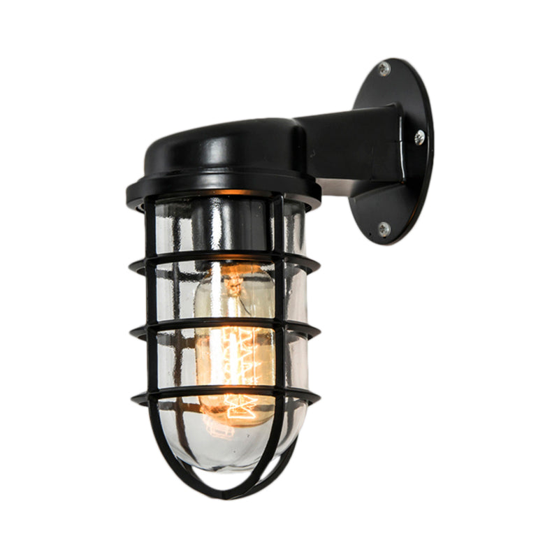 Clear Glass Black/White/Rust Sconce Light Cylinder 1-Light Traditional Wall Lamp Fixture for Porch with Caged Clearhalo 'Art deco wall lights' 'Cast Iron' 'Glass' 'Industrial wall lights' 'Industrial' 'Middle century wall lights' 'Modern' 'Rustic wall lights' 'Tiffany' 'Traditional wall lights' 'Wall Lamps & Sconces' 'Wall Lights' Lighting' 160585