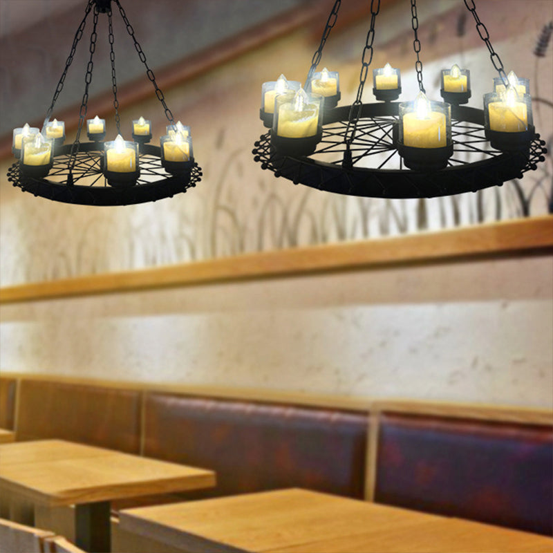 Vintage Candle Ceiling Light Fixture with Cylinder Shade and Wheel 8-Light Iron Chandelier Lighting in Black for Restaurant Black Clearhalo 'Cast Iron' 'Ceiling Lights' 'Chandeliers' 'Industrial Chandeliers' 'Industrial' 'Metal' 'Middle Century Chandeliers' 'Rustic Chandeliers' 'Tiffany' Lighting' 160621