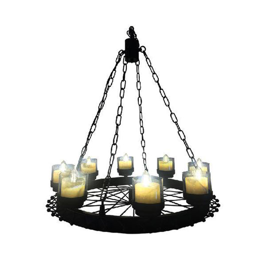 Vintage Candle Ceiling Light Fixture with Cylinder Shade and Wheel 8-Light Iron Chandelier Lighting in Black for Restaurant Clearhalo 'Cast Iron' 'Ceiling Lights' 'Chandeliers' 'Industrial Chandeliers' 'Industrial' 'Metal' 'Middle Century Chandeliers' 'Rustic Chandeliers' 'Tiffany' Lighting' 160623