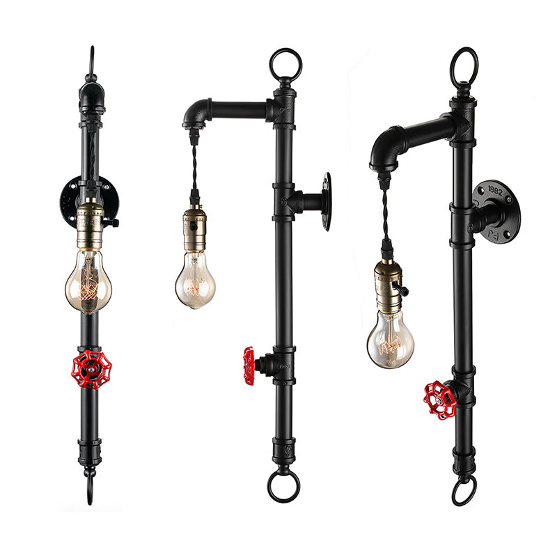 Black Water Pipe Wall Mount Lighting Antique Industrial Metal 1 Bulb Dining Room Sconce Light with Valve Clearhalo 'Art deco wall lights' 'Cast Iron' 'Glass' 'Industrial wall lights' 'Industrial' 'Middle century wall lights' 'Modern' 'Rustic wall lights' 'Tiffany' 'Traditional wall lights' 'Wall Lamps & Sconces' 'Wall Lights' Lighting' 160628