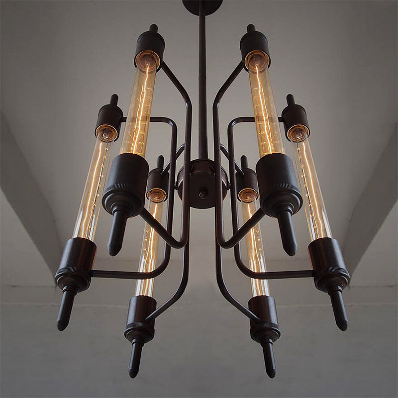 6 Lights Linear Hanging Light with Bare Bulb Farmhouse Black Metal Pendant Lamp for Restaurant Black Clearhalo 'Cast Iron' 'Ceiling Lights' 'Chandeliers' 'Industrial Chandeliers' 'Industrial' 'Metal' 'Middle Century Chandeliers' 'Rustic Chandeliers' 'Tiffany' Lighting' 160660