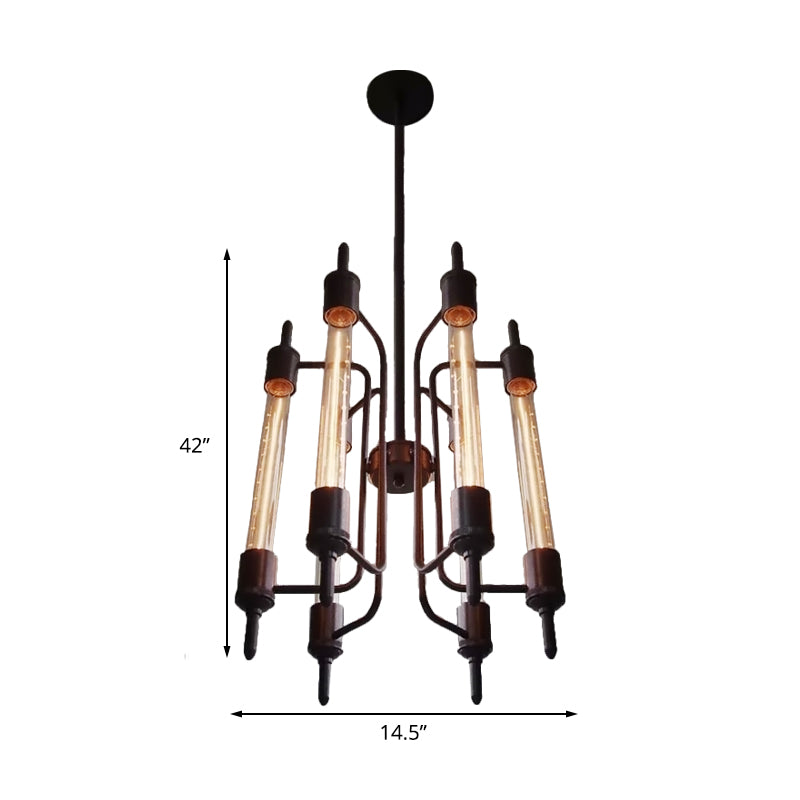 6 Lights Linear Hanging Light with Bare Bulb Farmhouse Black Metal Pendant Lamp for Restaurant Clearhalo 'Cast Iron' 'Ceiling Lights' 'Chandeliers' 'Industrial Chandeliers' 'Industrial' 'Metal' 'Middle Century Chandeliers' 'Rustic Chandeliers' 'Tiffany' Lighting' 160663