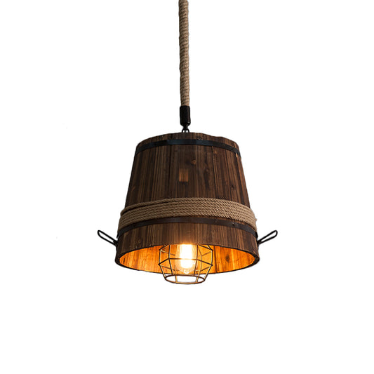 Wooden Bucket Shade Pendant Lighting One Light Rustic Stylish Hanging Lamp in Brown for Bar Clearhalo 'Ceiling Lights' 'Industrial Pendants' 'Industrial' 'Middle Century Pendants' 'Pendant Lights' 'Pendants' 'Tiffany' Lighting' 160666