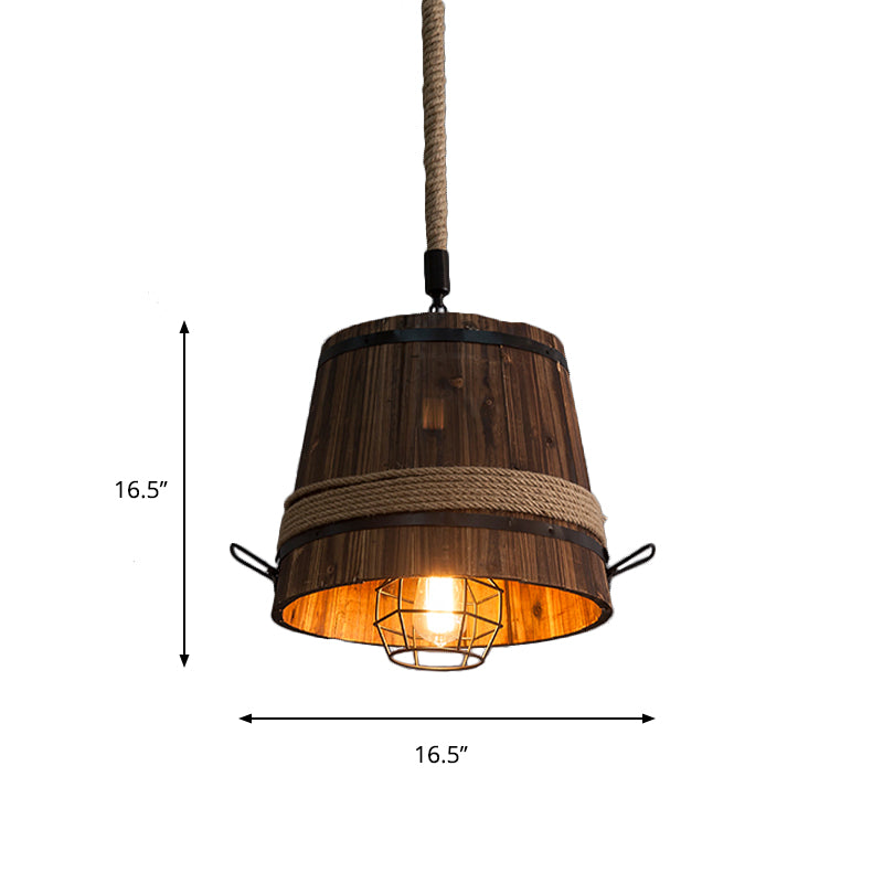 Wooden Bucket Shade Pendant Lighting One Light Rustic Stylish Hanging Lamp in Brown for Bar Clearhalo 'Ceiling Lights' 'Industrial Pendants' 'Industrial' 'Middle Century Pendants' 'Pendant Lights' 'Pendants' 'Tiffany' Lighting' 160667