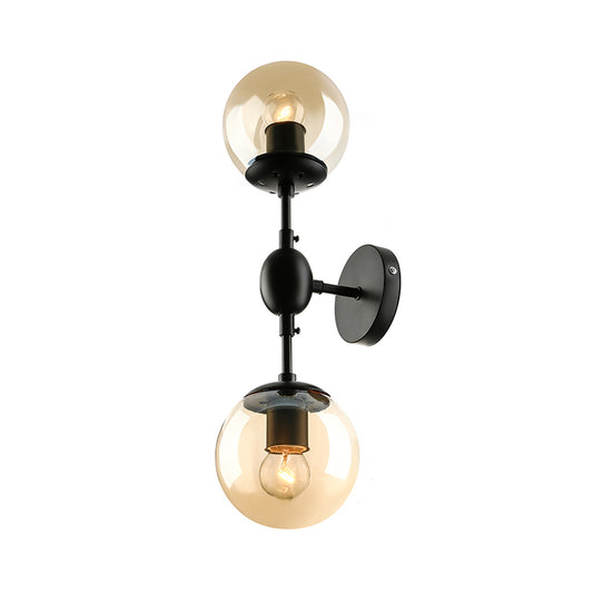 Black 2-Light Sconce Light Industrial Amber Glass Globe Shade Lighting Fixture for Living Room Clearhalo 'Art deco wall lights' 'Cast Iron' 'Glass' 'Industrial wall lights' 'Industrial' 'Middle century wall lights' 'Modern' 'Rustic wall lights' 'Tiffany' 'Traditional wall lights' 'Wall Lamps & Sconces' 'Wall Lights' Lighting' 160676