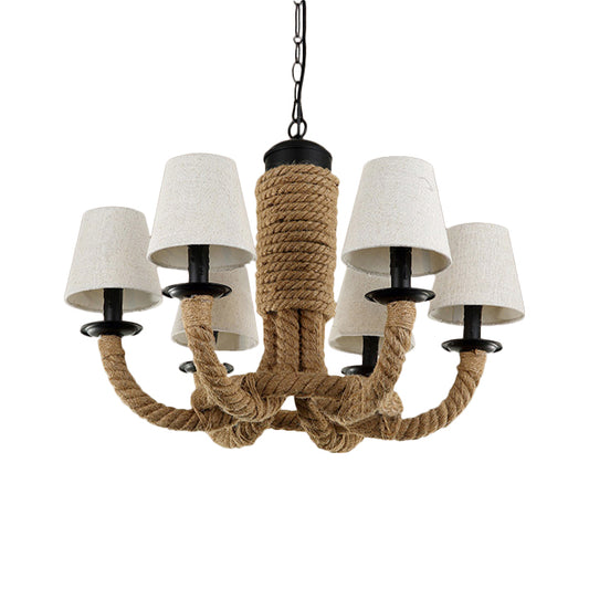 Fabric Tapered Hanging Chandelier Light Countryside 6 Lights Living Room Pendant Lamp with Rope in Beige Clearhalo 'Ceiling Lights' 'Chandeliers' 'Industrial Chandeliers' 'Industrial' 'Middle Century Chandeliers' 'Tiffany' Lighting' 160792