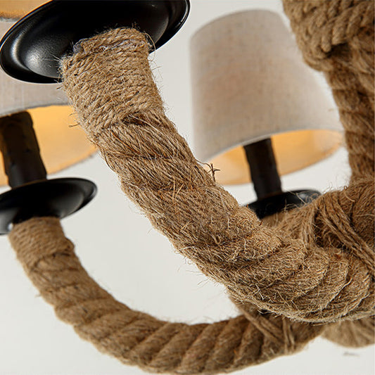 Fabric Tapered Hanging Chandelier Light Countryside 6 Lights Living Room Pendant Lamp with Rope in Beige Clearhalo 'Ceiling Lights' 'Chandeliers' 'Industrial Chandeliers' 'Industrial' 'Middle Century Chandeliers' 'Tiffany' Lighting' 160795
