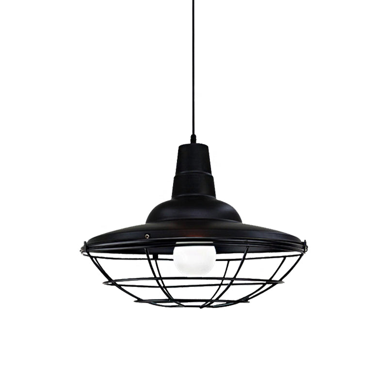 1 Head Saucer Pendant Light with Cage Shade Metal Industrial Restaurant Ceiling Fixture in Black Clearhalo 'Art Deco Pendants' 'Black' 'Cast Iron' 'Ceiling Lights' 'Ceramic' 'Crystal' 'Industrial Pendants' 'Industrial' 'Metal' 'Middle Century Pendants' 'Pendant Lights' 'Pendants' 'Rustic Pendants' 'Tiffany' Lighting' 160819