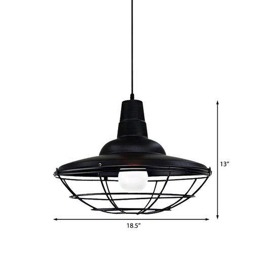 1 Head Saucer Pendant Light with Cage Shade Metal Industrial Restaurant Ceiling Fixture in Black Clearhalo 'Art Deco Pendants' 'Black' 'Cast Iron' 'Ceiling Lights' 'Ceramic' 'Crystal' 'Industrial Pendants' 'Industrial' 'Metal' 'Middle Century Pendants' 'Pendant Lights' 'Pendants' 'Rustic Pendants' 'Tiffany' Lighting' 160820