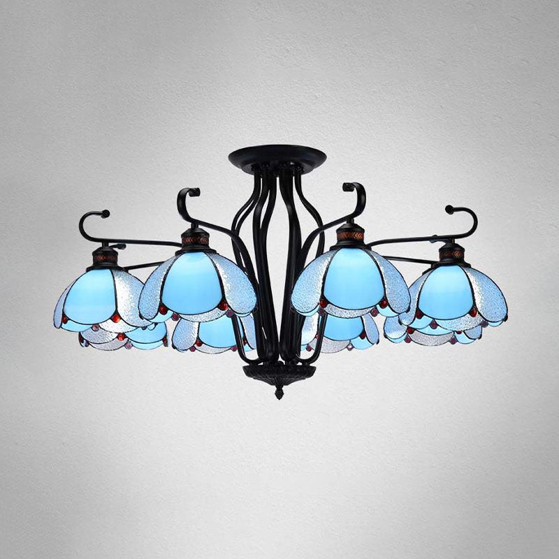 Black Scalloped Hanging Chandelier Baroque 6/8 Lights White/Yellow/Blue Glass Pendant Light Kit for Living Room 8 Blue Clearhalo 'Ceiling Lights' 'Chandeliers' 'Clear' 'Industrial' 'Middle Century Chandeliers' 'Modern' 'Tiffany Chandeliers' 'Tiffany close to ceiling' 'Tiffany' 'Traditional Chandeliers' Lighting' 1608337