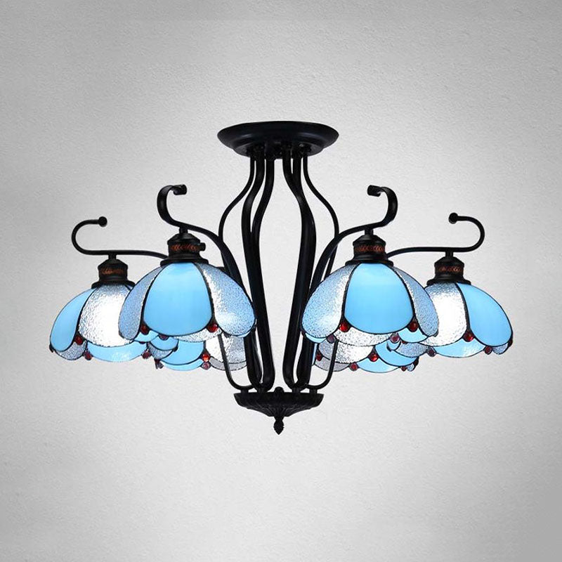 Black Scalloped Hanging Chandelier Baroque 6/8 Lights White/Yellow/Blue Glass Pendant Light Kit for Living Room 6 Blue Clearhalo 'Ceiling Lights' 'Chandeliers' 'Clear' 'Industrial' 'Middle Century Chandeliers' 'Modern' 'Tiffany Chandeliers' 'Tiffany close to ceiling' 'Tiffany' 'Traditional Chandeliers' Lighting' 1608345