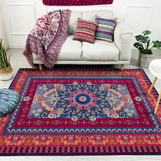 Retro Medallion Pattern Rug with Floral and Leaf Red Persian Rug Polyester Machine Washable Anti-Slip Area Rug for Bedroom Burgundy Clearhalo 'Area Rug' 'Moroccan' 'Rugs' Rug' 1608418