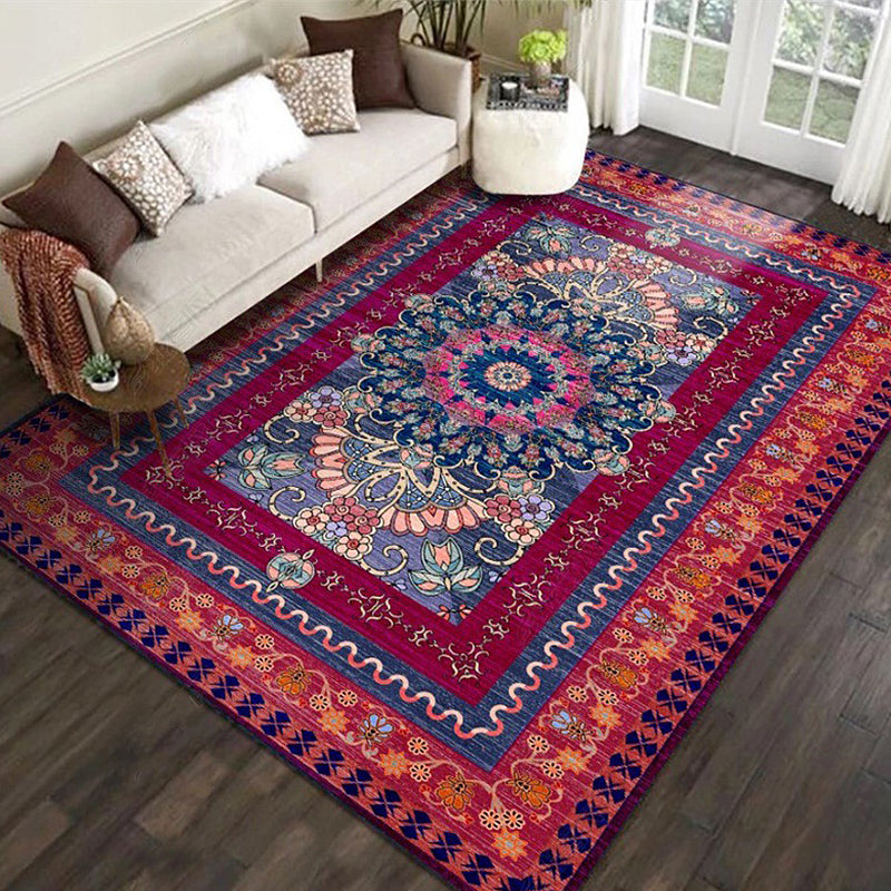 Retro Medallion Pattern Rug with Floral and Leaf Red Persian Rug Polyester Machine Washable Anti-Slip Area Rug for Bedroom Clearhalo 'Area Rug' 'Moroccan' 'Rugs' Rug' 1608419