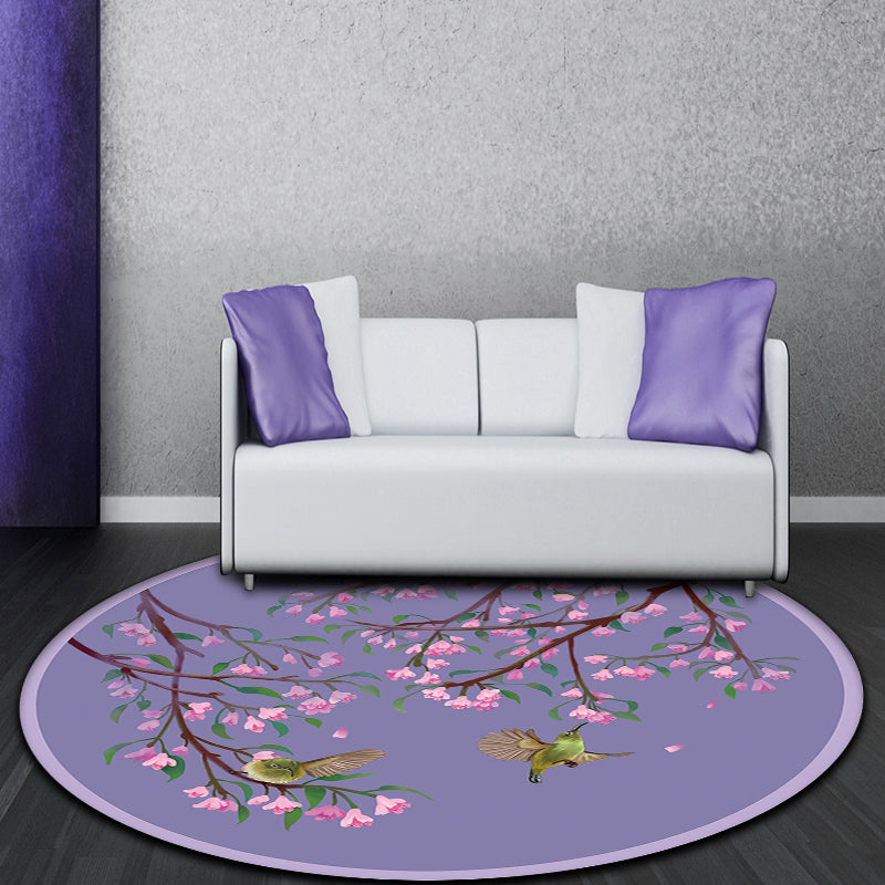 Purple Oriental Rug Polyester Floral and Bird Pattern Rug Washable Non-Slip Backing Carpet for Bedroom Purple Clearhalo 'Area Rug' 'Rug' 1608718