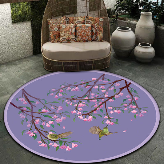 Purple Oriental Rug Polyester Floral and Bird Pattern Rug Washable Non-Slip Backing Carpet for Bedroom