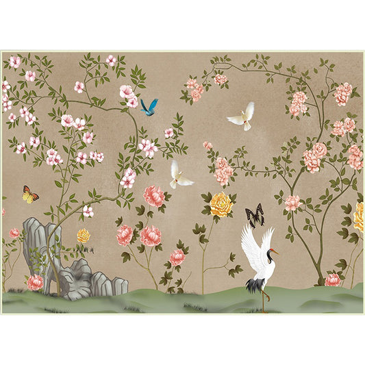 Vintage Floral Pattern Rug with Bird and Leaf Khaki Polyester Rug Machine Washable Non-Slip Area Rug for Living Room