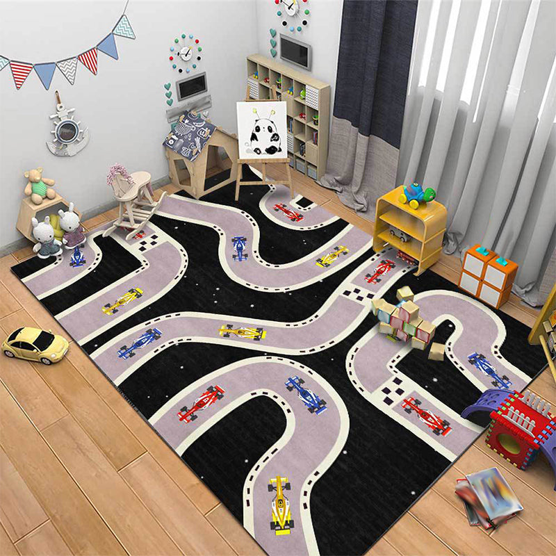 Kids Bedroom Rug in Black Cars & Roads Print Rug Polyester Non-Slip Backing Washable Area Rug Black Clearhalo 'Area Rug' 'Rug' 1608886