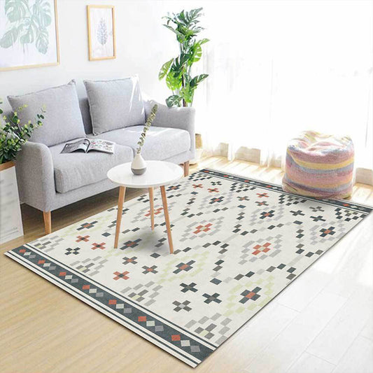 White Tribal Rug Polyester Geometric Pattern Rug Washable Non-Slip Backing Carpet for Living Room White