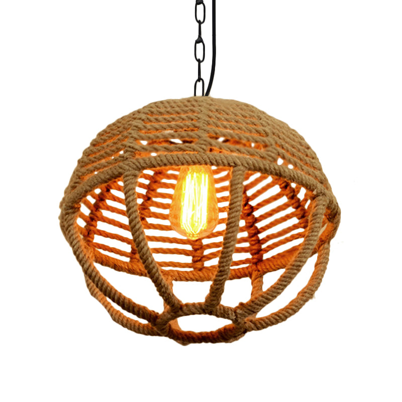 1 Bulb Pendant Light Retro Global Cage Hemp Rope Ceiling Pendant in Beige for Living Room Clearhalo 'Ceiling Lights' 'Industrial Pendants' 'Industrial' 'Middle Century Pendants' 'Pendant Lights' 'Pendants' 'Tiffany' Lighting' 160901