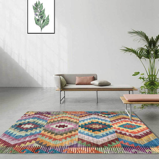 Yellow Multicolor Tribal Rug Polyester Geometric Pattern Rug Washable Non-Slip Backing Carpet for Living Room Yellow