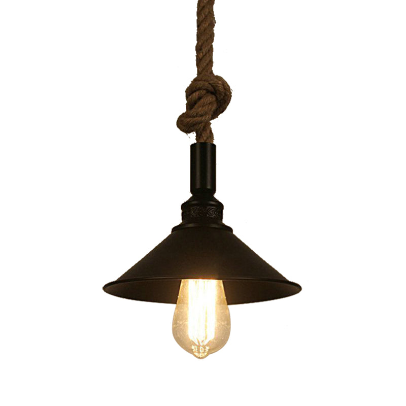 Conical Bar Pendant Light Fixture Vintage Style Metal 1 Light Suspension Lamp with Adjustable Rope in Black Clearhalo 'Art Deco Pendants' 'Black' 'Cast Iron' 'Ceiling Lights' 'Ceramic' 'Crystal' 'Industrial Pendants' 'Industrial' 'Metal' 'Middle Century Pendants' 'Pendant Lights' 'Pendants' 'Rustic Pendants' 'Tiffany' Lighting' 160933
