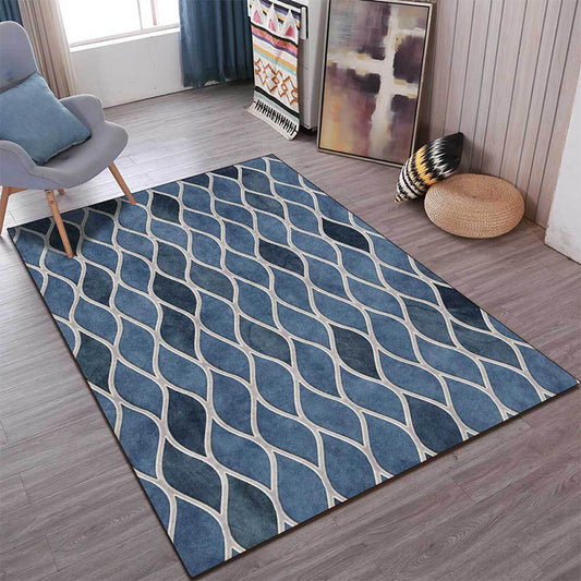 Funky Geometric Pattern Rug Blue Nordic Rug Polyester Washable Anti-Slip Backing Area Rug for Bedroom Blue