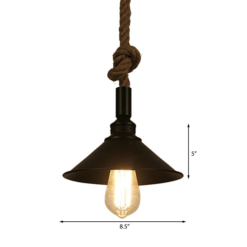 Conical Bar Pendant Light Fixture Vintage Style Metal 1 Light Suspension Lamp with Adjustable Rope in Black Clearhalo 'Art Deco Pendants' 'Black' 'Cast Iron' 'Ceiling Lights' 'Ceramic' 'Crystal' 'Industrial Pendants' 'Industrial' 'Metal' 'Middle Century Pendants' 'Pendant Lights' 'Pendants' 'Rustic Pendants' 'Tiffany' Lighting' 160934