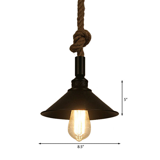 Conical Bar Pendant Light Fixture Vintage Style Metal 1 Light Suspension Lamp with Adjustable Rope in Black Clearhalo 'Art Deco Pendants' 'Black' 'Cast Iron' 'Ceiling Lights' 'Ceramic' 'Crystal' 'Industrial Pendants' 'Industrial' 'Metal' 'Middle Century Pendants' 'Pendant Lights' 'Pendants' 'Rustic Pendants' 'Tiffany' Lighting' 160934