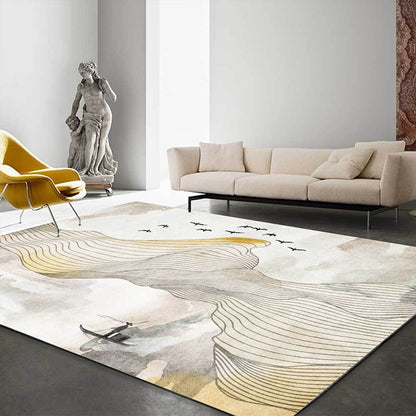 Vintage Swirl Stripe Pattern Rug with Bird and Character Yellow Polyester Rug Machine Washable Non-Slip Area Rug for Bedroom Yellow Clearhalo 'Area Rug' 'Rug' 1609505