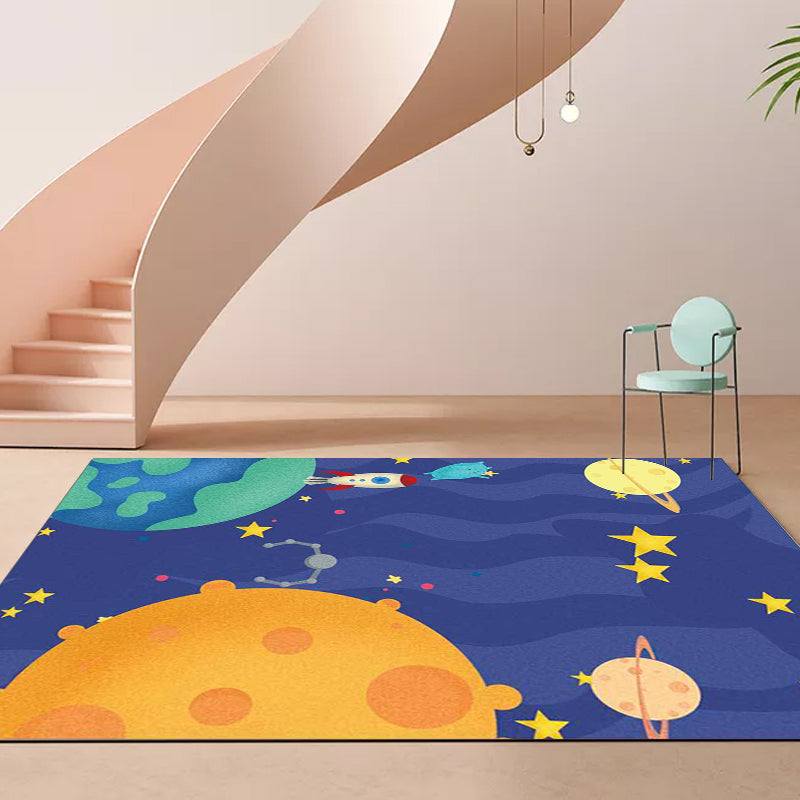 Purple Child's Room Rug Kids Outer Space Planet Star Aircraft Pattern Area Rug Polyester Non-Slip Backing Carpet Purplish Blue Clearhalo 'Area Rug' 'Rug' 1609593