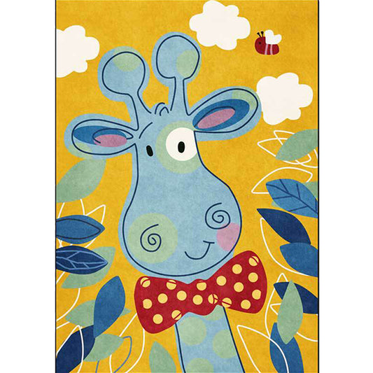 Kids Bedroom Rug in Blue and Yellow Animal Giraffe Cloud Leaf Print Rug Polyester Washable Area Rug