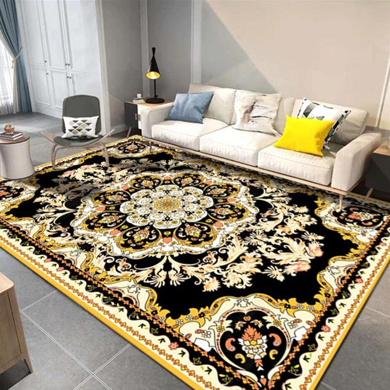 Moroccan Medallion Pattern Rug with Floral Green Polyester Rug Machine Washable Non-Slip Area Rug for Living Room Black Clearhalo 'Area Rug' 'Moroccan' 'Rugs' Rug' 1609694