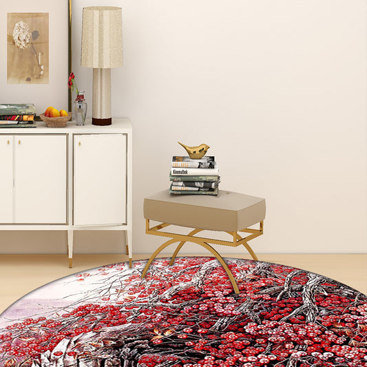 Red Oriental Rug Polyester Floral and Branch Pattern Rug Washable Non-Slip Backing Carpet for Bedroom