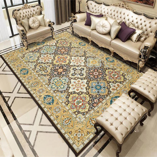 Stylish Tribal Pattern Rug with Floral Yellow Vintage Rug Polyester Washable Anti-Slip Backing Area Rug for Bedroom Yellow Clearhalo 'Area Rug' 'Moroccan' 'Rugs' Rug' 1609798