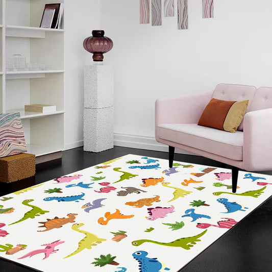 Stylish Kids Rug in White Animal Dinosaur Leaf Tree Pattern Rug Polyester Non-Slip Carpet for Nursery