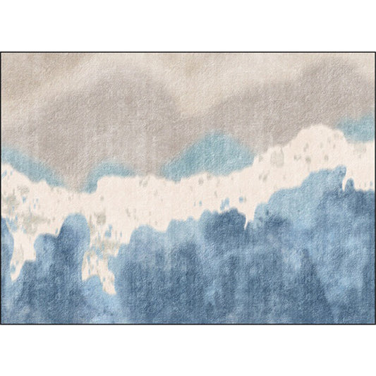 Brown and Blue Oriental Rug Polyester Ink Wash Painting Pattern Rug Washable Non-Slip Backing Carpet for Bedroom