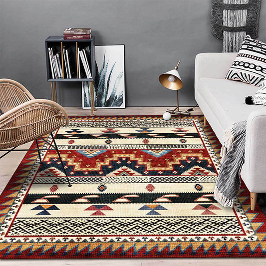 Southwestern Tribal Geometric Print Rug Red Polyester Rug Machine Washable Non-Slip Area Rug for Living Room Red